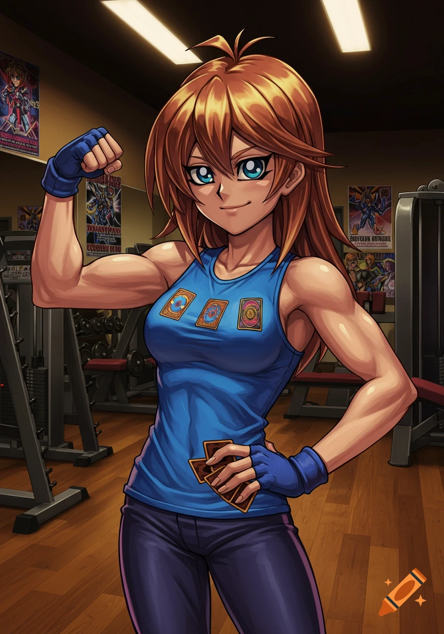 Anime girl with brown hair and blue eyes flexing in a gym, holding Yu-Gi-Oh cards.
