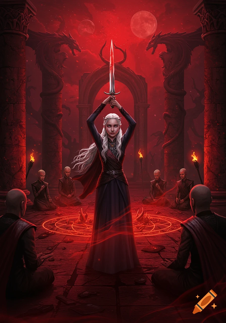 Fantasy art of a white-haired woman holding a bloodied sword aloft in a red-lit ritual chamber, surrounded by kneeling figures and dragon statues.