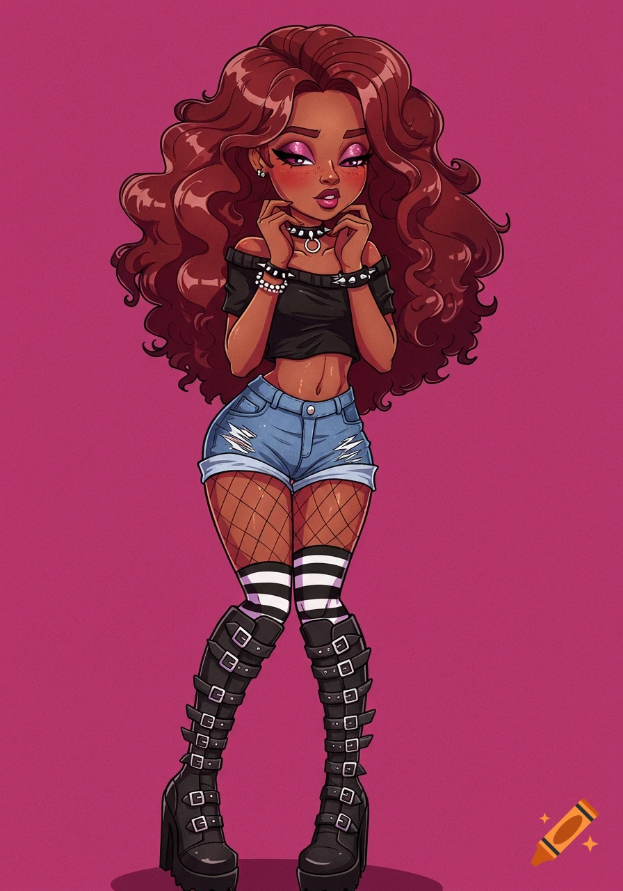 A vibrant cartoon illustration of a dark-skinned girl with wavy brown hair, wearing a black crop top, ripped denim shorts, fishnets, striped socks, and black buckled boots.