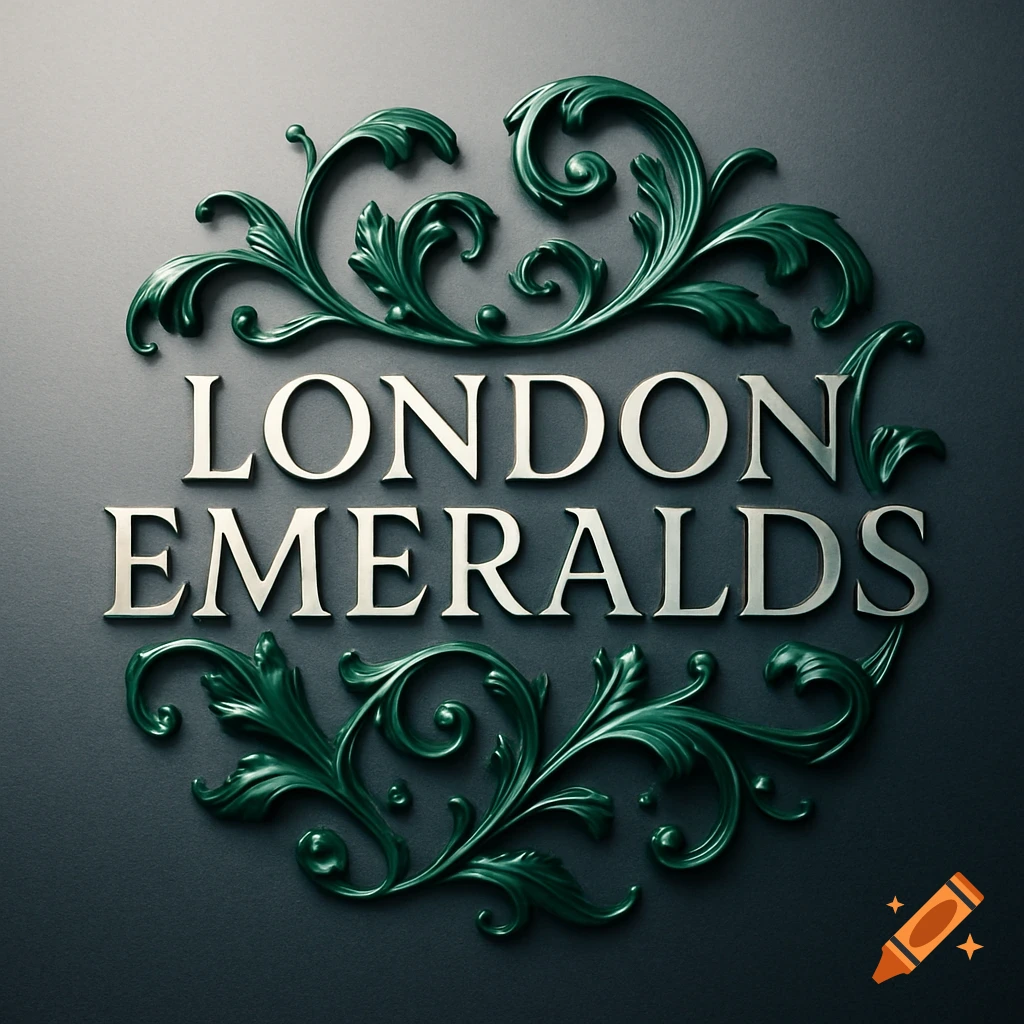 A silver text logo "LONDON EMERALDS" surrounded by ornate dark green swirling floral designs on a dark background.