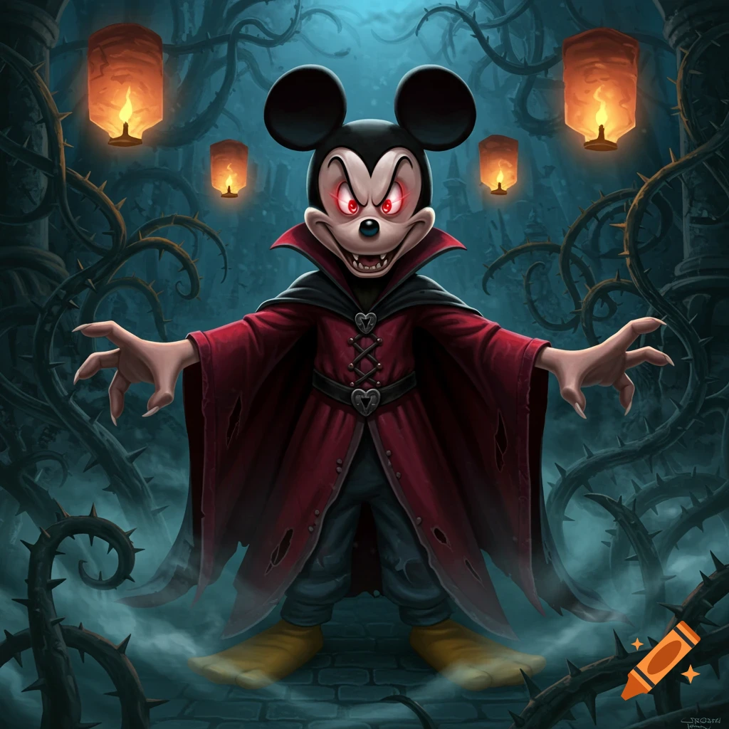Evil-looking Mickey Mouse as a vampire with red eyes and fangs, standing among thorny vines and glowing lanterns.