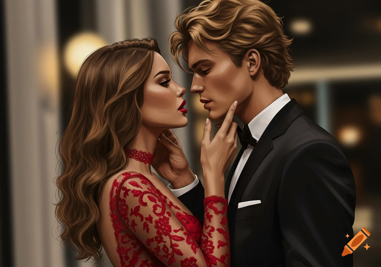 Aesthetic digital art of a man in a tuxedo and a woman in a red lace dress, in a romantic embrace.