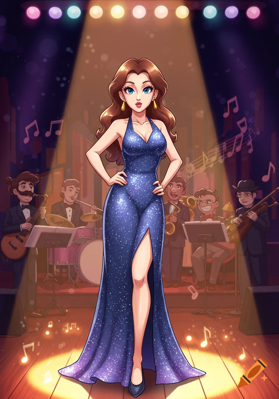 Anime woman in a sparkling blue dress singing on stage with a jazz band under a spotlight.