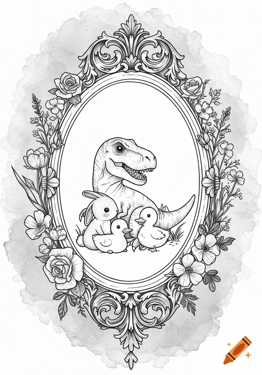 Black and white line art of a T-Rex, bunny, and two ducklings inside an ornate oval frame with flowers.