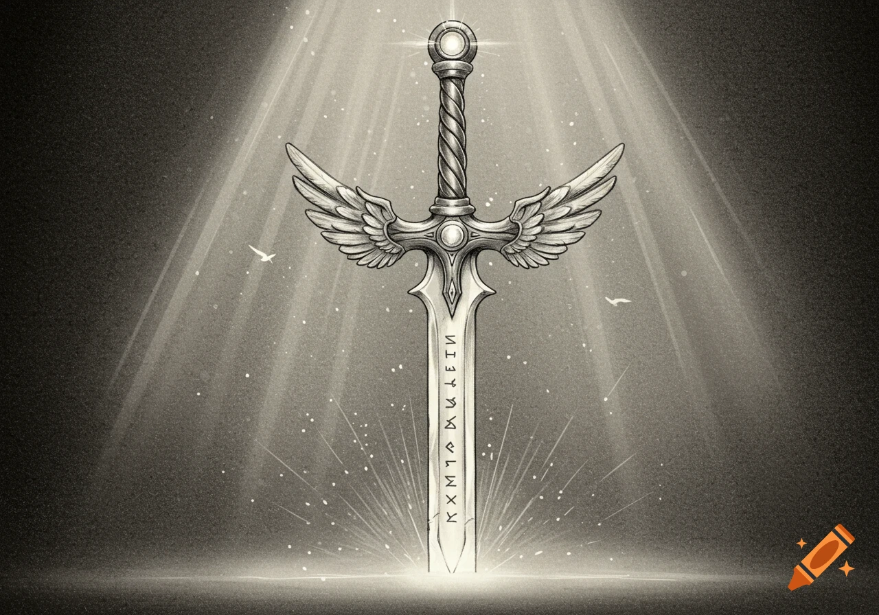 A monochrome sketch of a winged sword with glowing runes, illuminated by divine light from above.