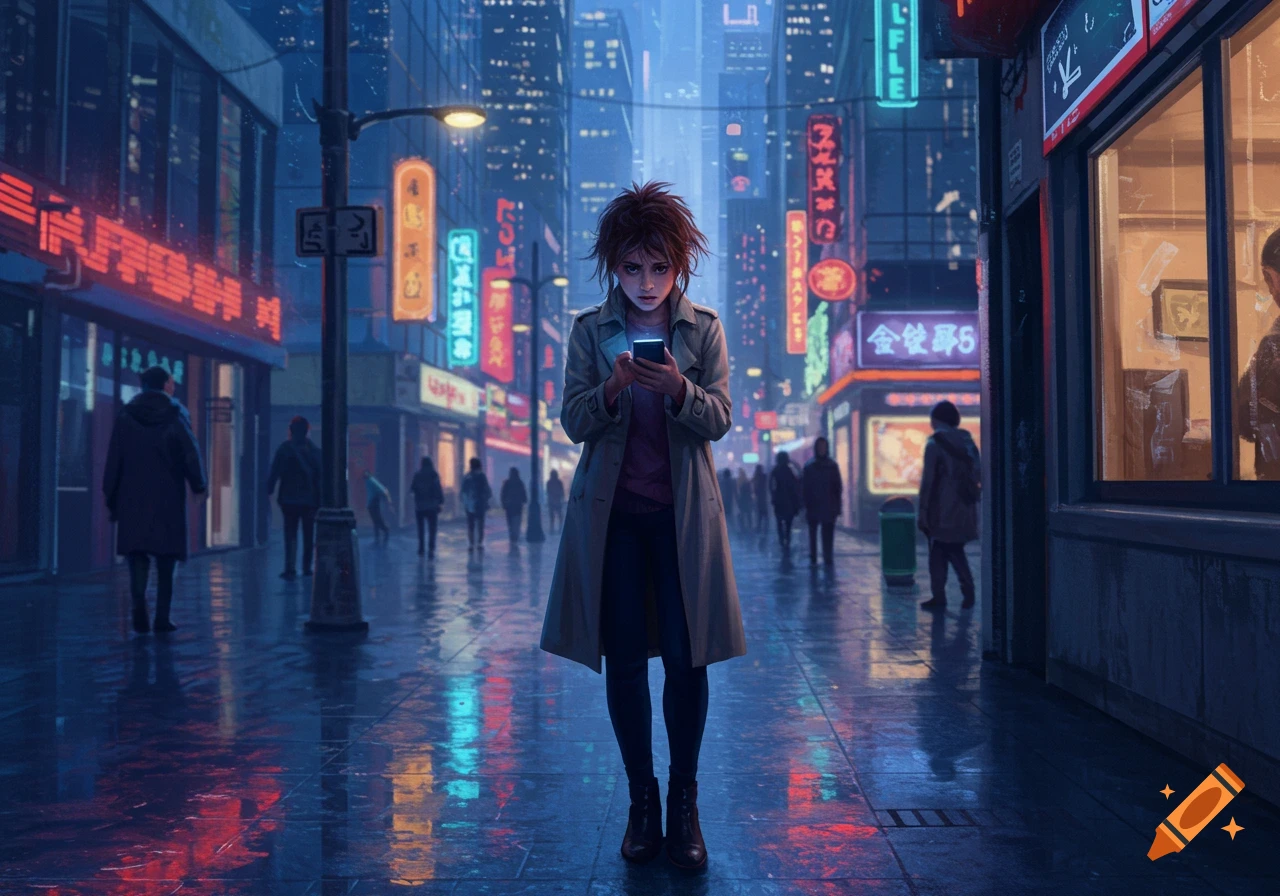 A frustrated woman in a trench coat looks at her phone on a wet, neon-lit cyberpunk city street at night.