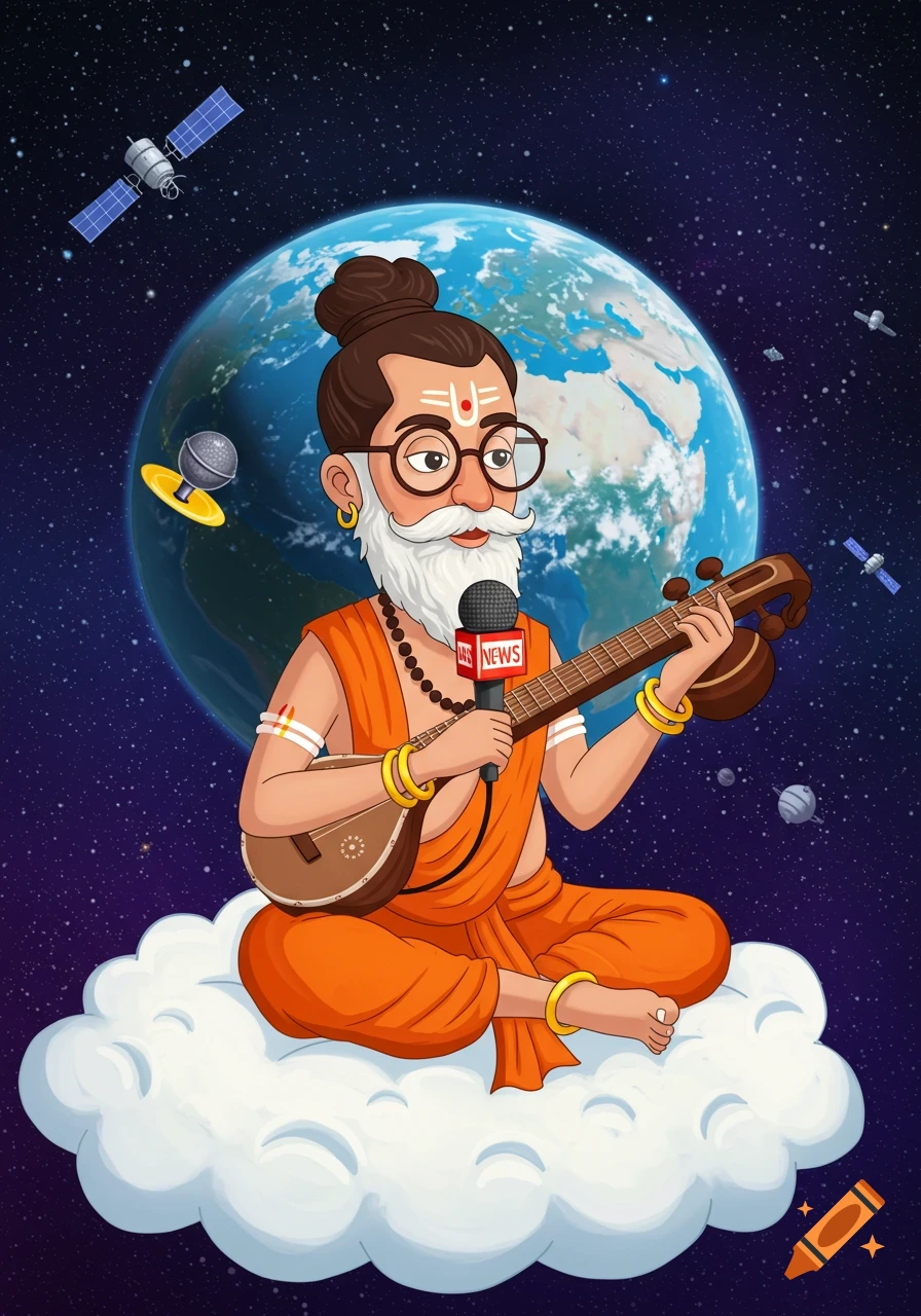 2D cartoon of an Indian sage floating on a cloud in space, holding a microphone and a string instrument, with Earth and satellites in the background.