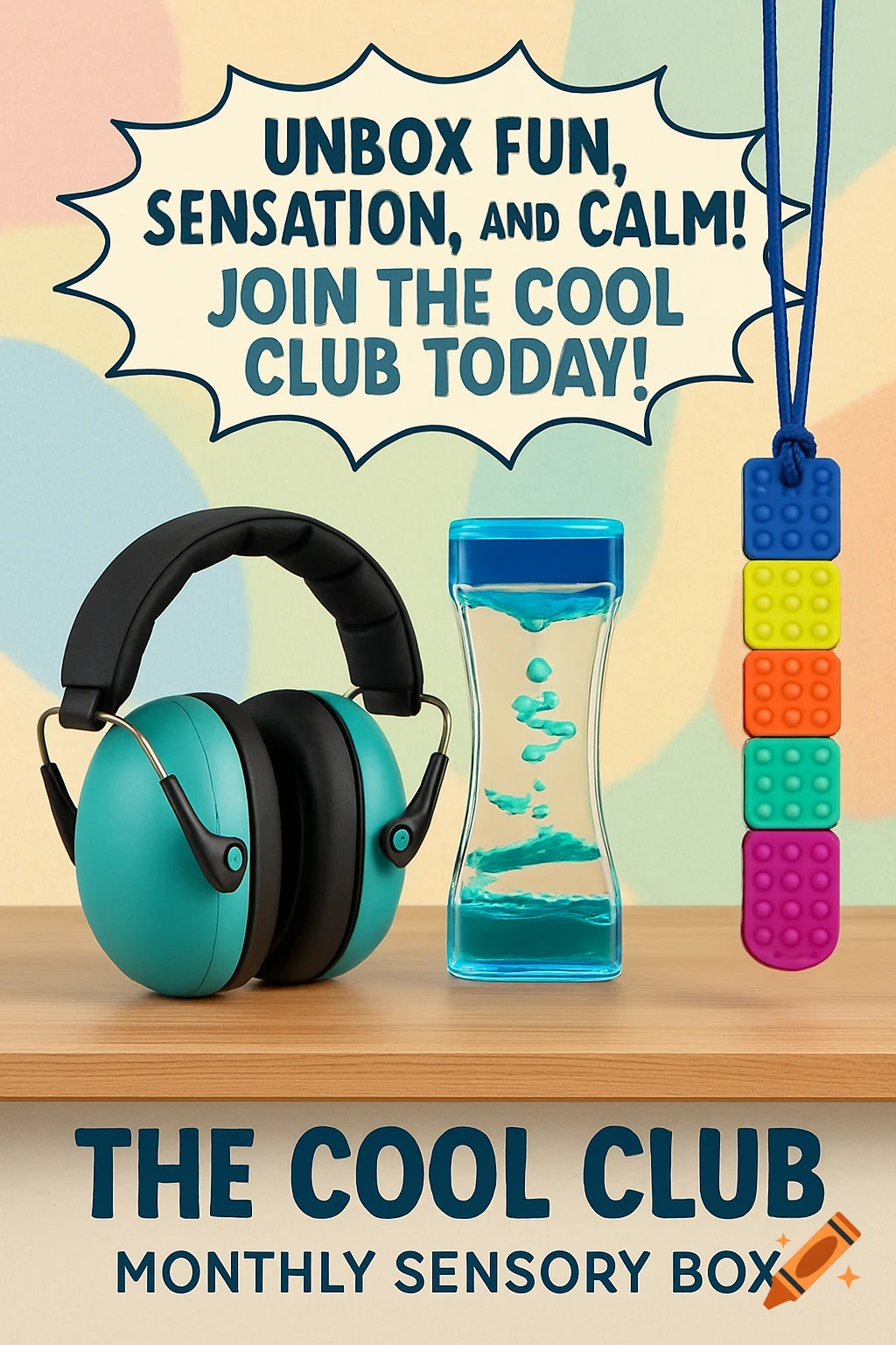 A promotional image for 'The Cool Club Monthly Sensory Box' with noise-canceling earmuffs, a liquid sensory timer, and a chew necklace on a wooden shelf, with text in speech bubbles.