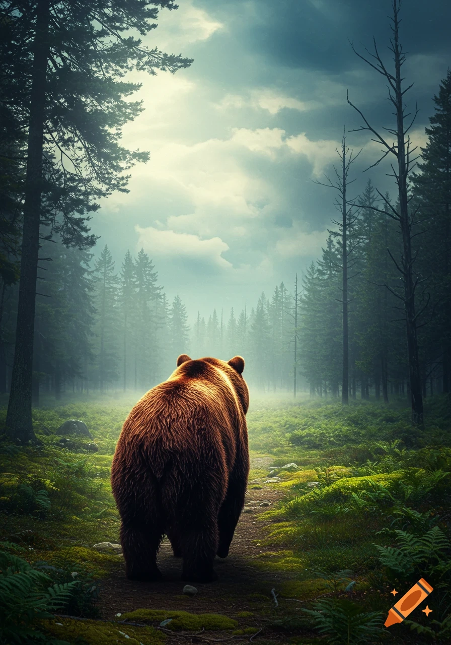 A brown bear walks away from the viewer on a path through a misty, green forest under a cloudy sky.