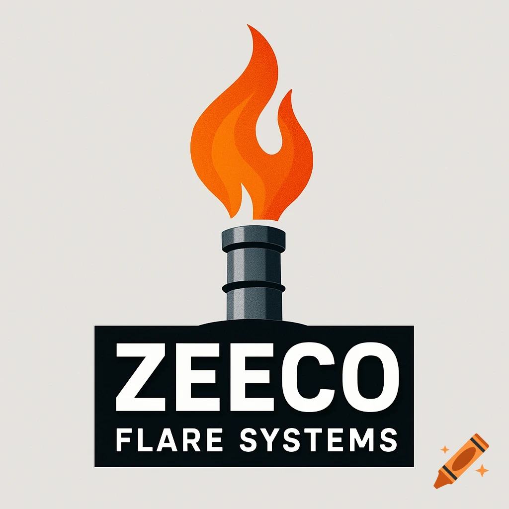 Logo with an orange flame on a dark gray flare stack above a black rectangle with 'ZEECO FLARE SYSTEMS' in white text.