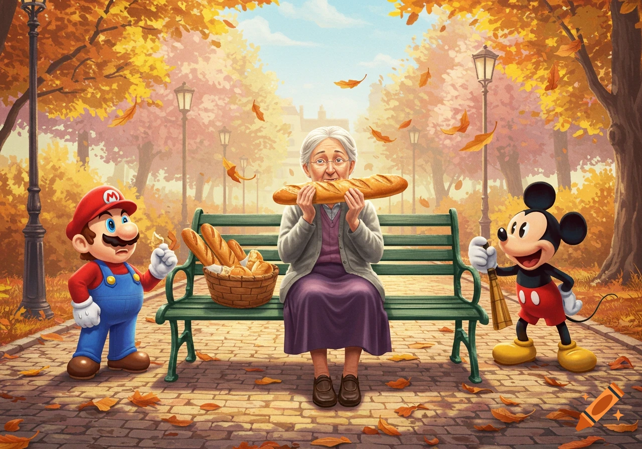 Mario and Mickey Mouse stand in an autumn park with a grandma on a bench holding a baguette, next to a basket of bread.