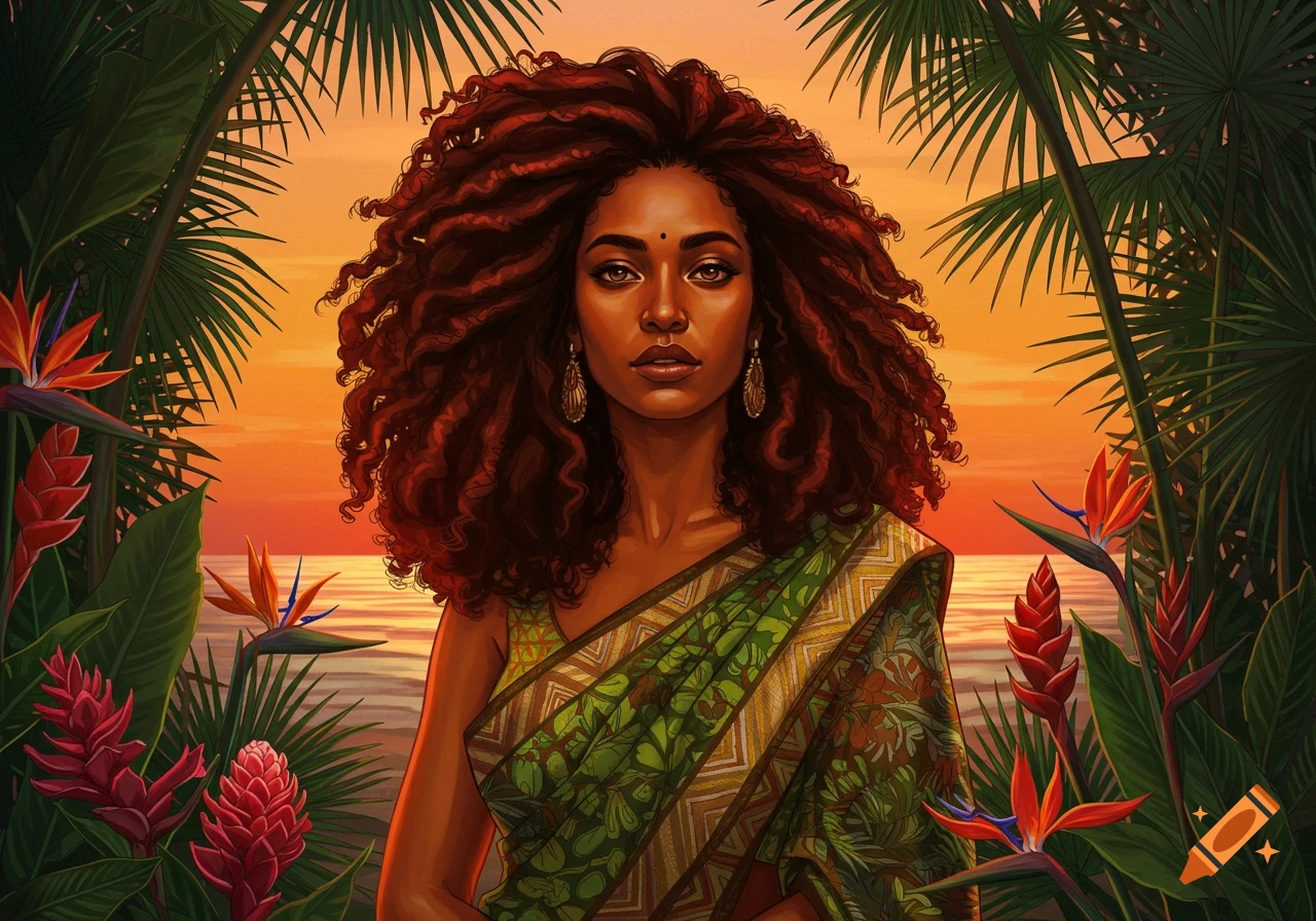 A vibrant digital art portrait of a woman with curly hair wearing a green patterned dress, framed by tropical foliage against a sunset sky.