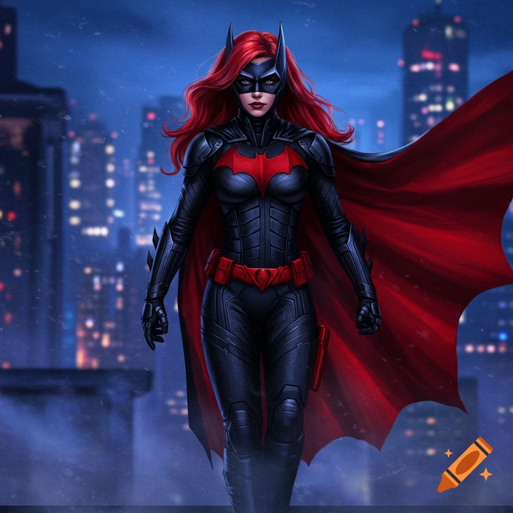 Semi-realistic digital painting of Batwoman in a black armored suit and red cape, standing on a misty rooftop at night with city lights in the background.