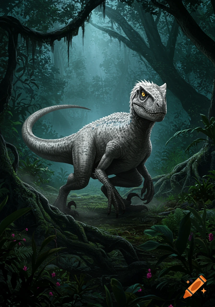 A white and gray dinosaur with yellow eyes stalks through a dark, misty jungle.