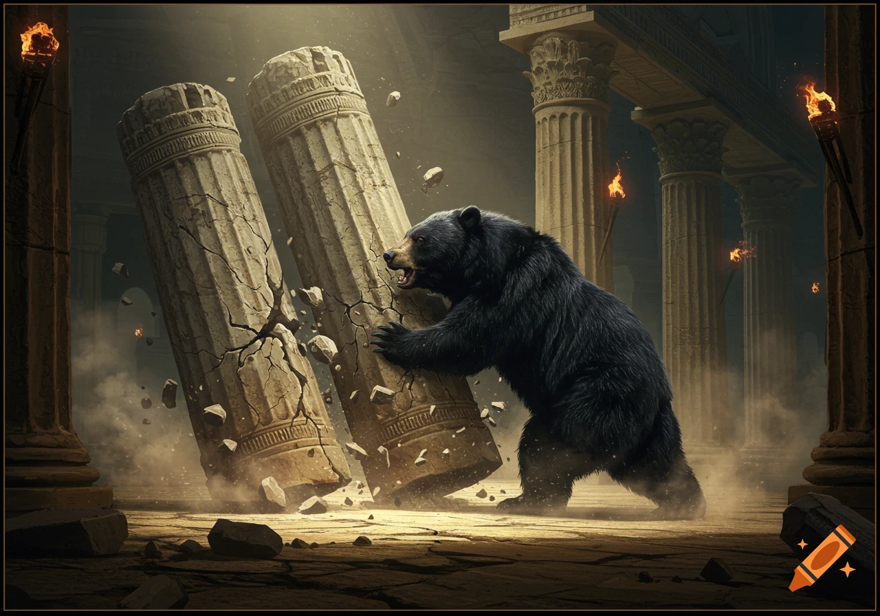 A powerful black bear pushes down two crumbling stone pillars inside a dark, ruined ancient temple with flickering torches.