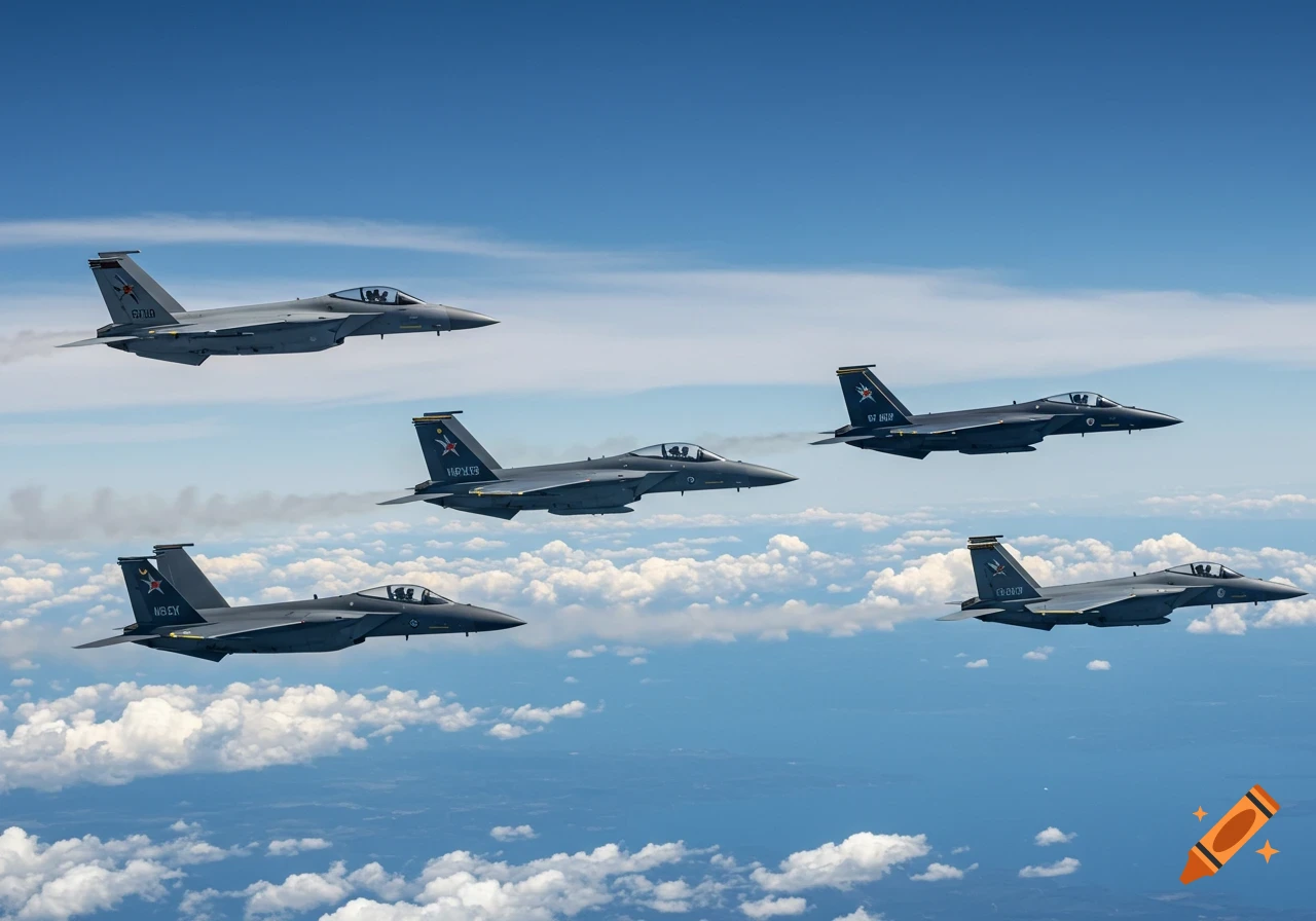Five gray fighter jets fly in formation against a clear blue sky with white clouds below.