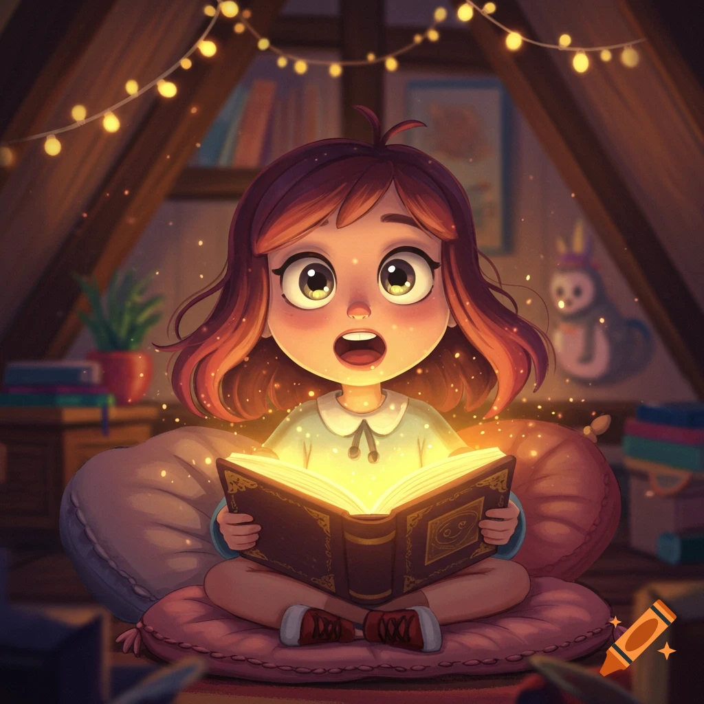 A wide-eyed cartoon girl sits on cushions, opening a glowing book in a cozy, dimly lit attic with string lights.