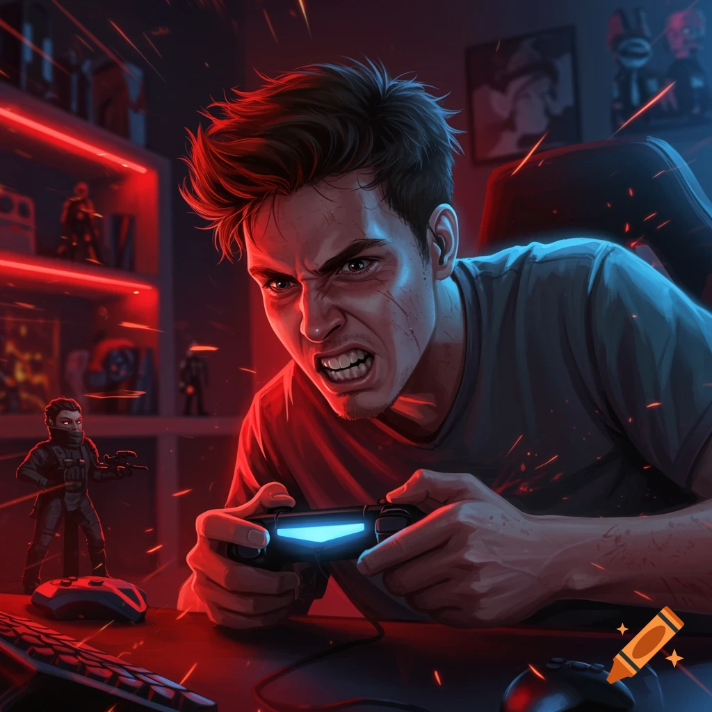 Stylized digital art illustration of a male gamer in a dark room with red lighting, intensely playing a video game with a rageful expression.