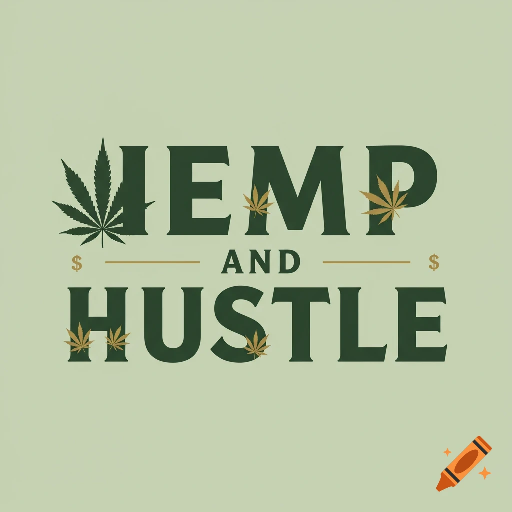 Logo for Hemp and Hustle with dark green text, cannabis leaves, and dollar signs on a light green background.