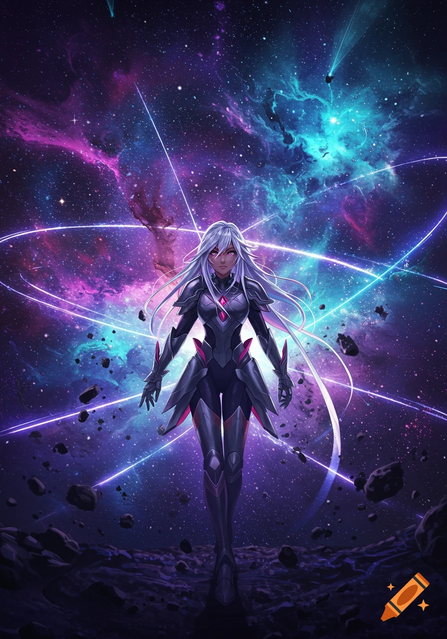An anime character in dark futuristic armor stands on a rocky planet surface with a vibrant purple and blue galaxy background.