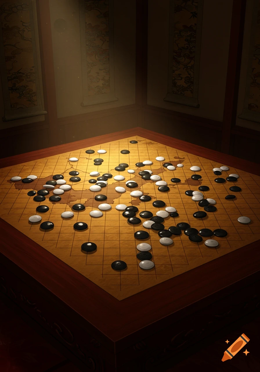 A Go board with black and white pieces scattered across it, illuminated by a spotlight.