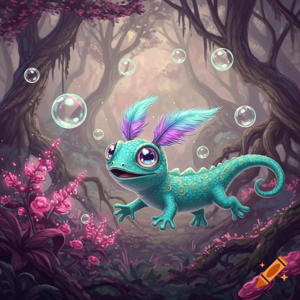 A cute, teal, big-eyed fantasy gecko-like creature with feathery ears floats in a magical forest surrounded by pink flowers and bubbles.