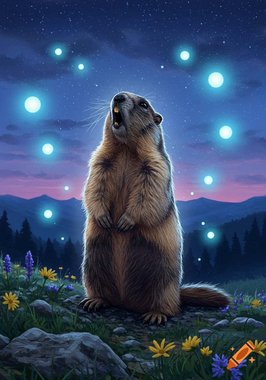 A marmot stands upright, mouth open, looking at blue glowing orbs in a dramatic moonlit mountain landscape with wildflowers.