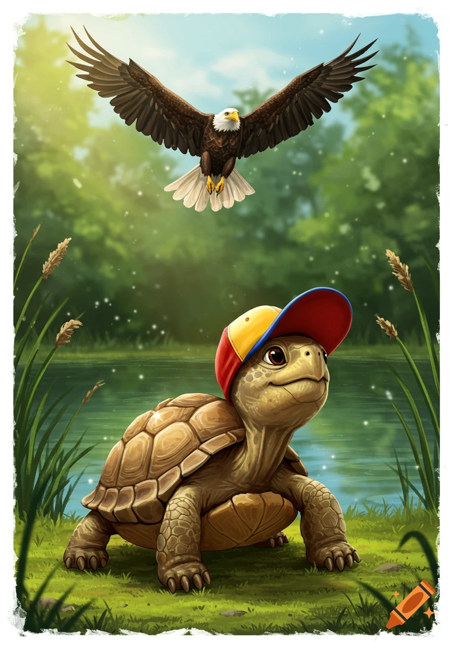 A cute cartoon baby turtle wearing a yellow and red ball cap looks up at a majestic bald eagle flying overhead by a pond.