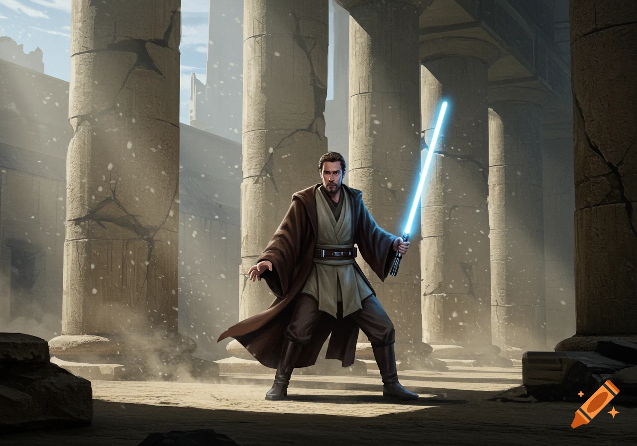 A man in a brown robe and tunic stands holding a glowing blue lightsaber amidst ancient, cracked stone columns. Dust or snow falls around him.