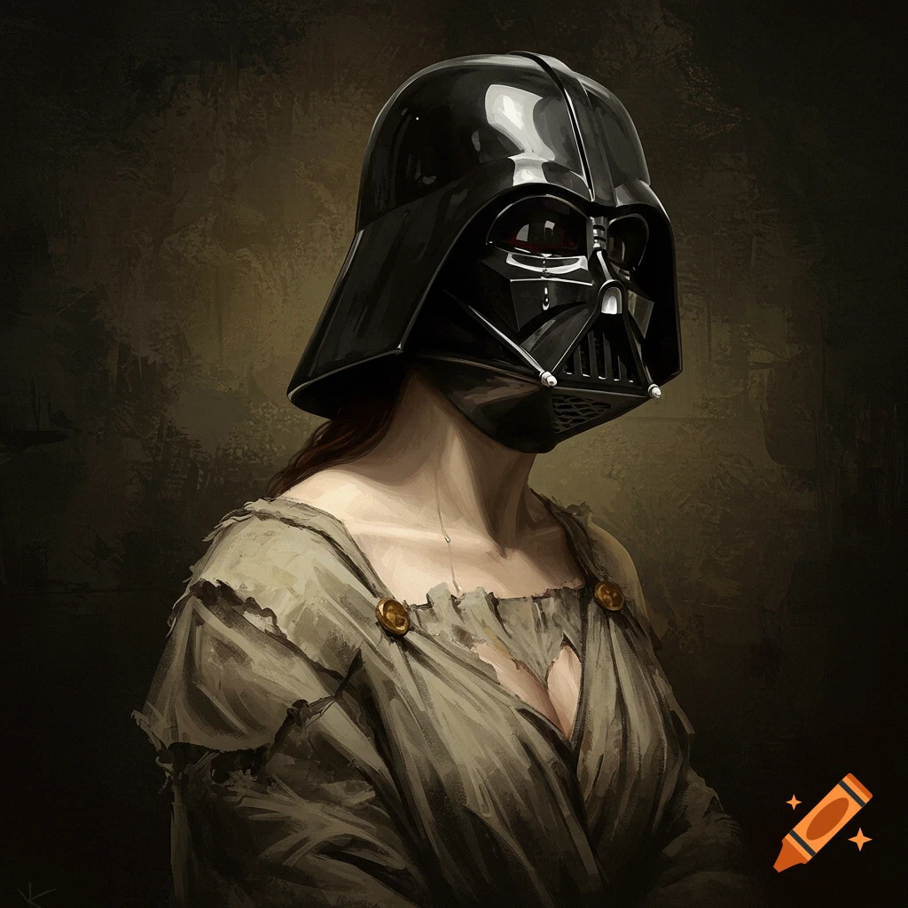 A dark oil painting portrait of a woman wearing a Darth Vader helmet and ragged clothes, with a tear on her cheek.