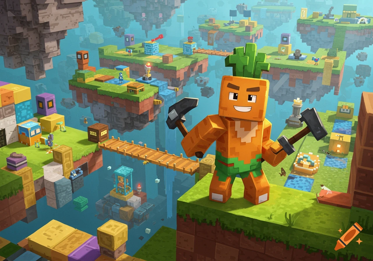 Blocky carrot character with pickaxes on floating islands, vibrant video game style.