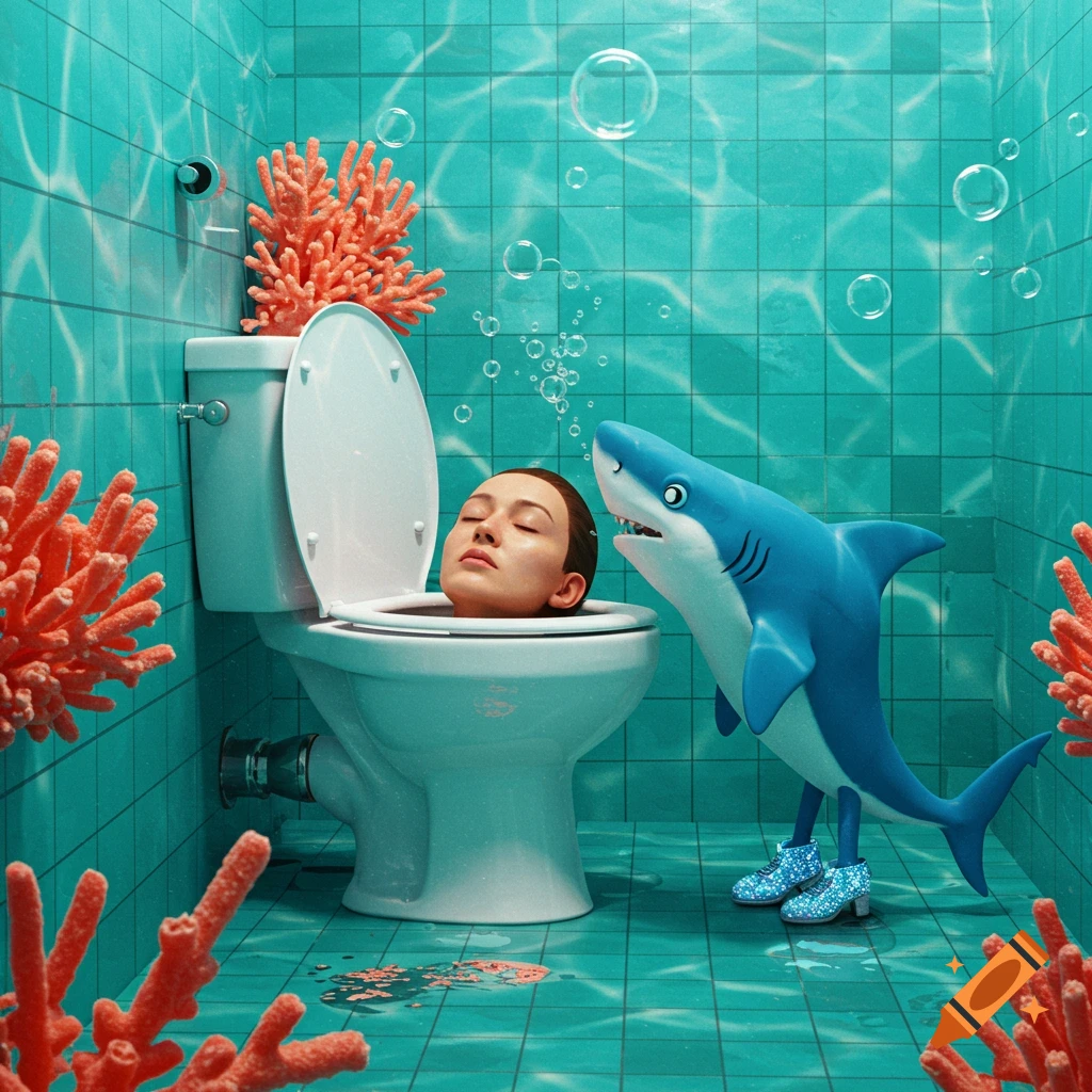 A surreal scene of a woman's head in a toilet, with a cartoon shark in blue sparkly heels standing next to it in an underwater-themed bathroom.