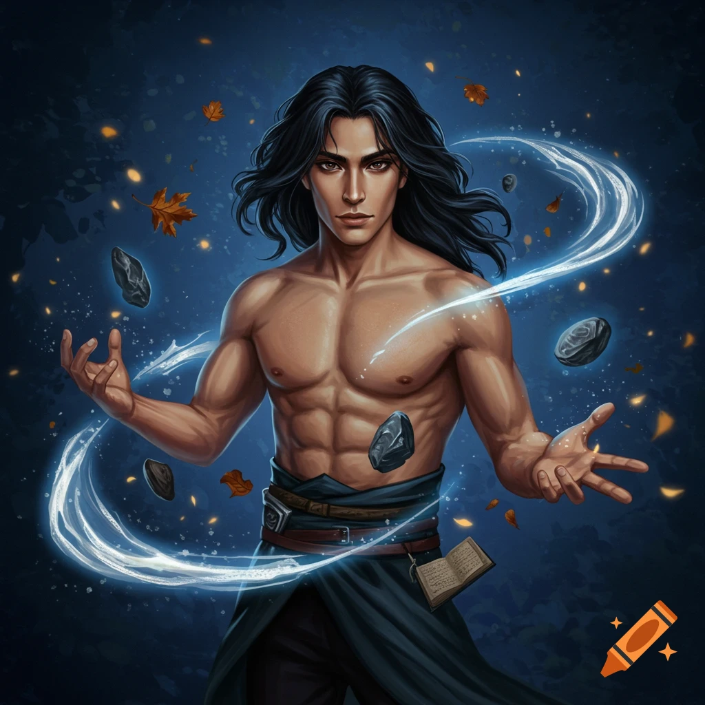 A young man with long dark hair and light skin, shirtless and muscular, uses telekinesis with glowing energy, floating rocks, and autumn leaves around him.