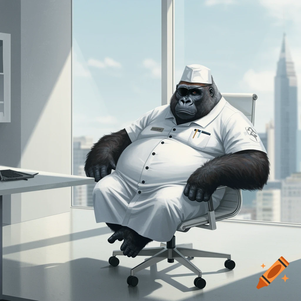 A large, fat gorilla wearing a white chef's uniform and sunglasses sits in a gray office chair in a modern office with a city view.