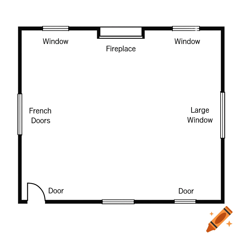 A clean black-and-white 2D floor plan of a rectangular room with labeled features including windows, doors, French doors, and a fireplace.
