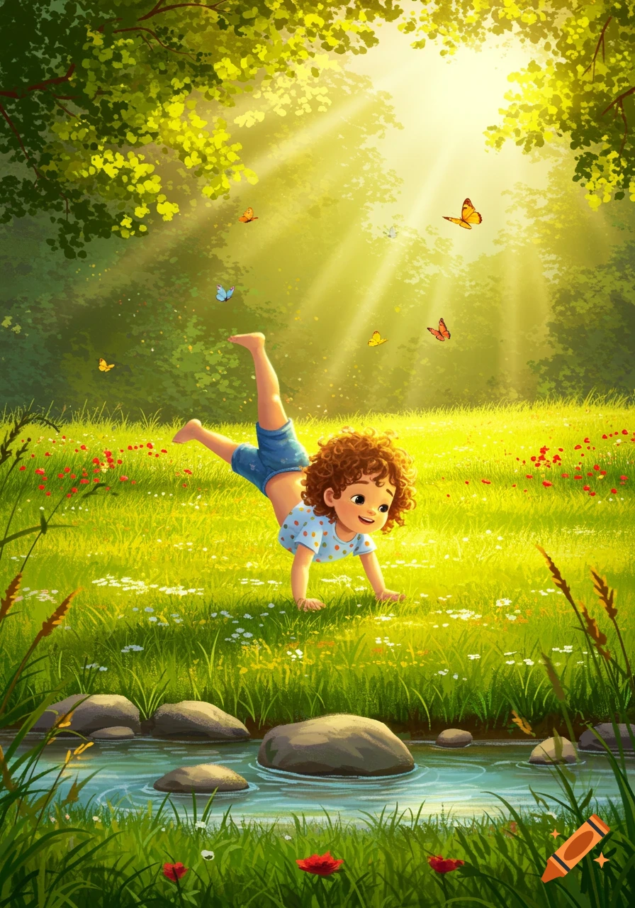 A smiling toddler with curly hair plays in a sunlit meadow by a stream, butterflies flying around.