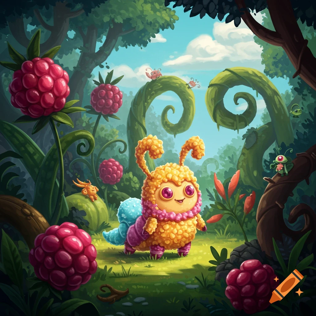 A cute, fuzzy, orange and blue creature stands in a whimsical forest with large raspberries, in a cartoon style.
