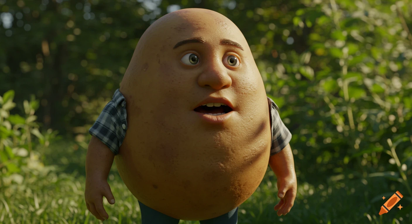 A surprised potato-man with a human face and arms, wearing a plaid shirt, stands in a sunny, green outdoor setting.