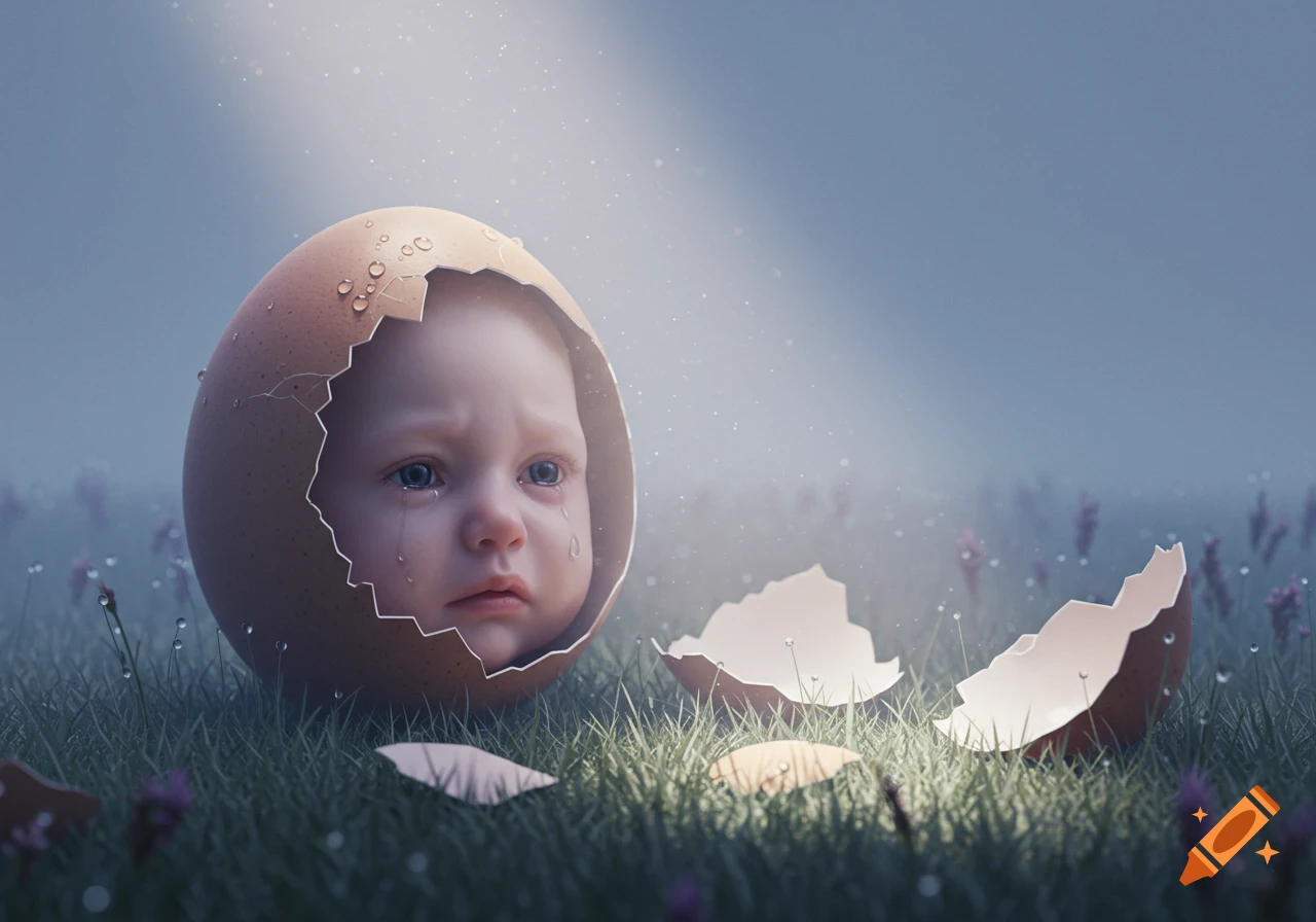 A sad baby's head emerges from a cracked egg on grassy ground under a ray of light, with other shell pieces scattered.