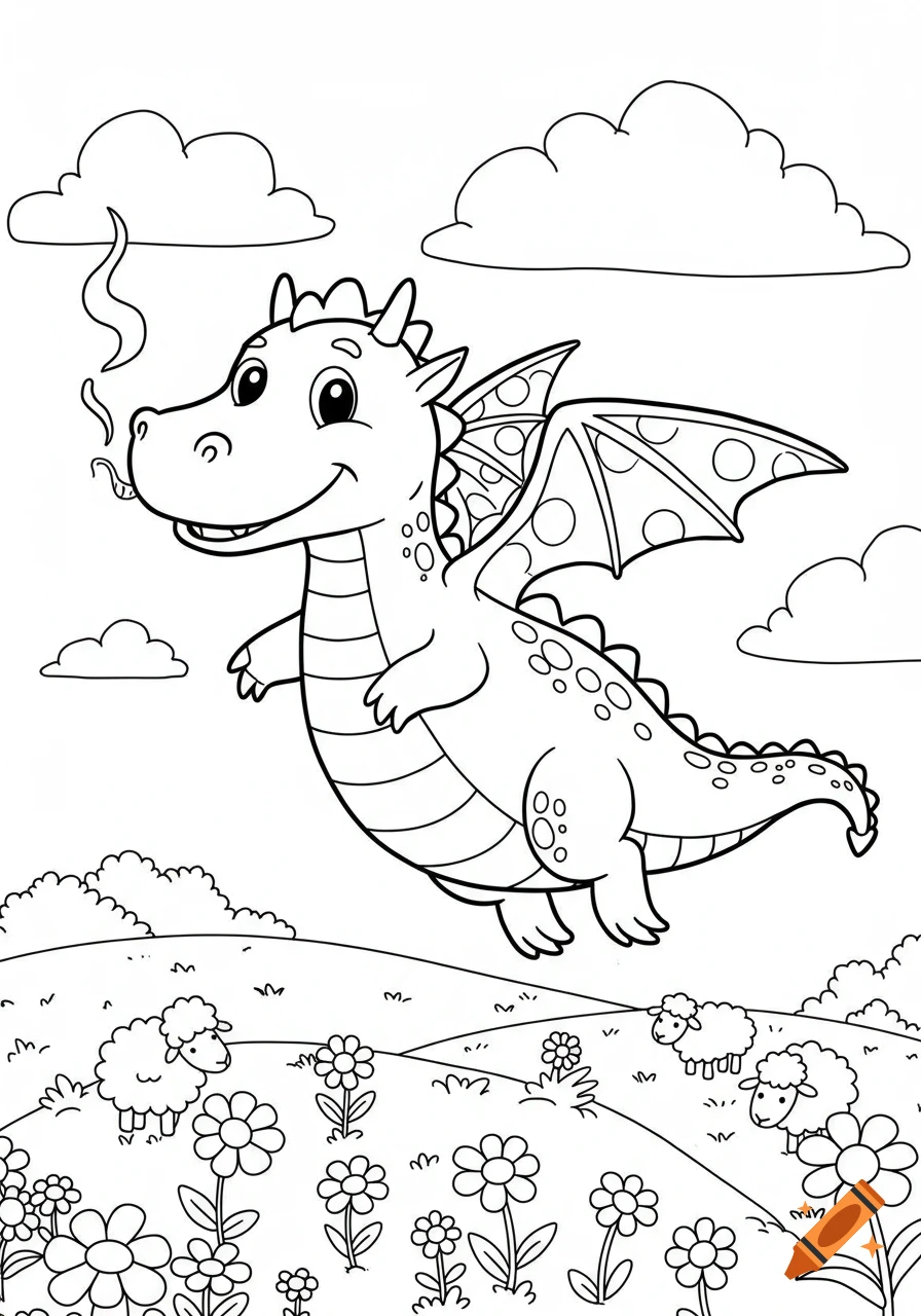 A cute cartoon dragon flying through a field of flowers under fluffy clouds, in line art style for a coloring book.