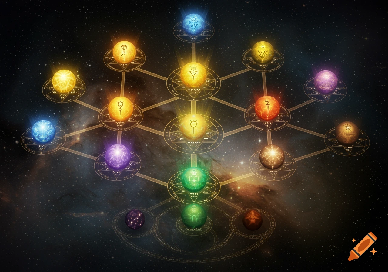A vibrant 3D rendering of the Hermetic Kabbalah, featuring glowing, multicolored Sephiroth spheres connected by lines against a starry cosmic background.