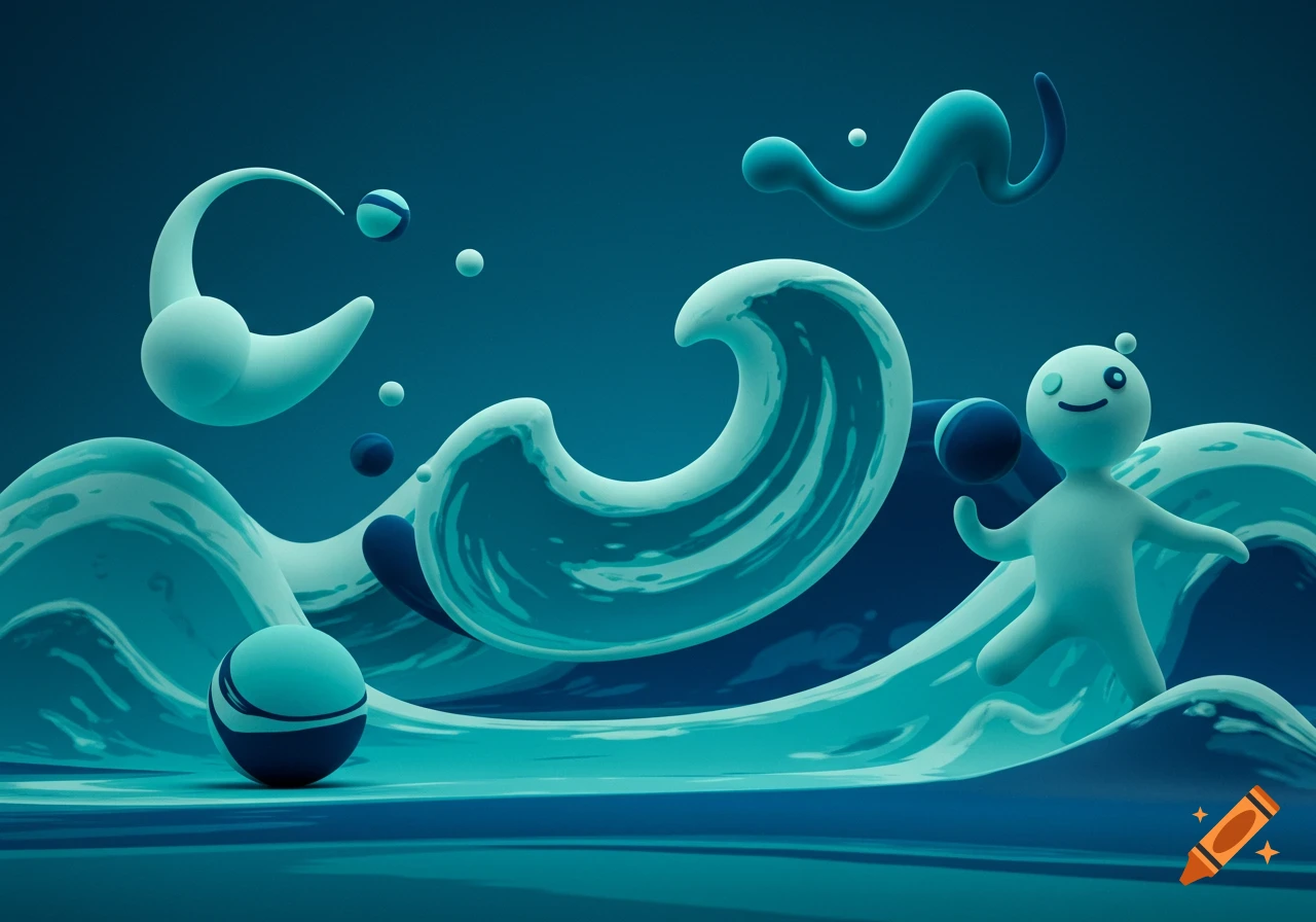 A whimsical 3D render with a smiling, light blue character amidst dark and light blue stylized waves, spheres, and abstract forms.