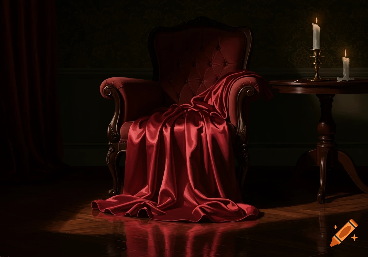 A red satin drape covers a red velvet armchair in a dimly lit room with two lit candles on a wooden table.