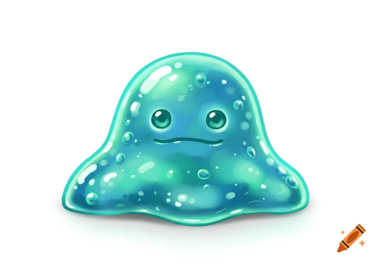 A cute, smiling blue-green cartoon slime creature with bubbles and a glossy texture on a white background.