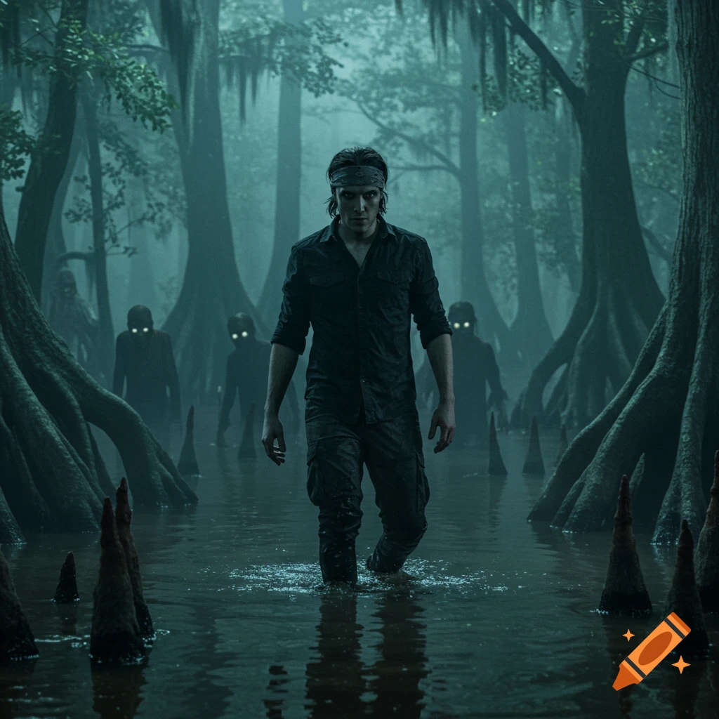 A photorealistic image of a man wading through a dark, misty swamp, being pursued by shadowy figures with glowing eyes.