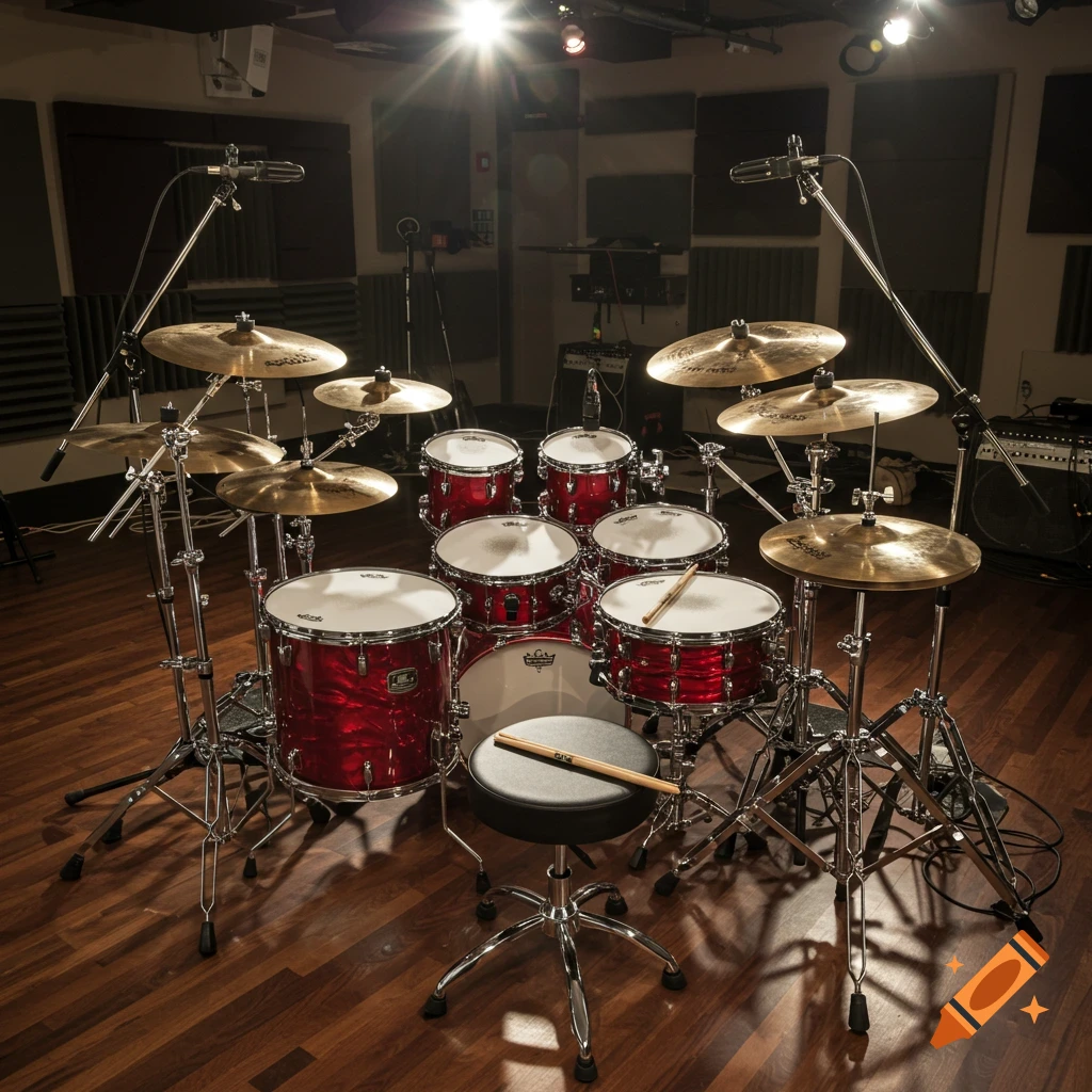 A red drum set with many cymbals and microphones in a recording studio with wooden floors.