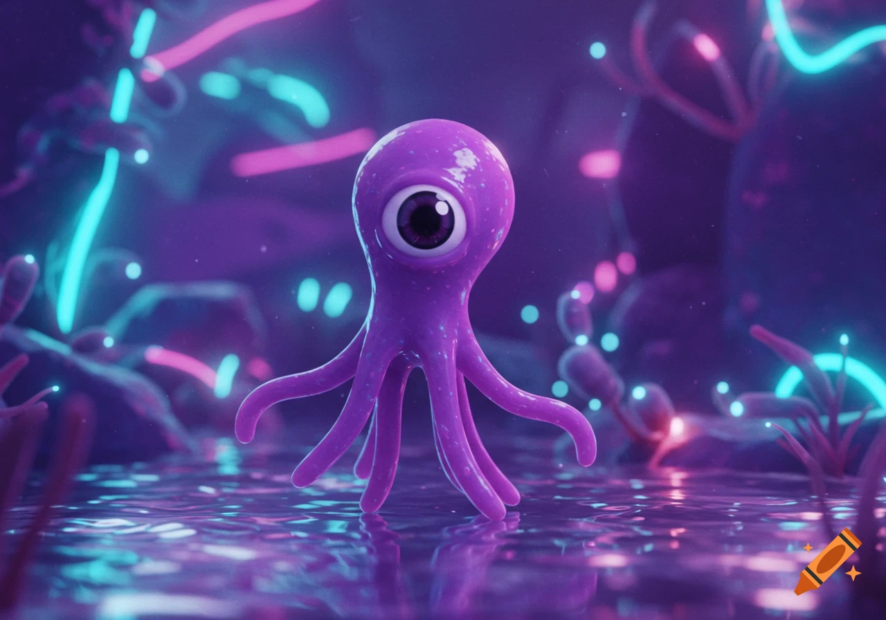 A 3D render of a purple alien with one eye and six tentacles standing in neon-lit water.