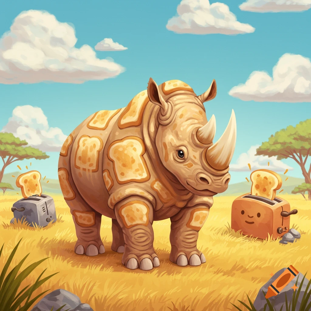 A cartoon rhino made of toast stands in a savanna with two smiling toasters popping out toast.