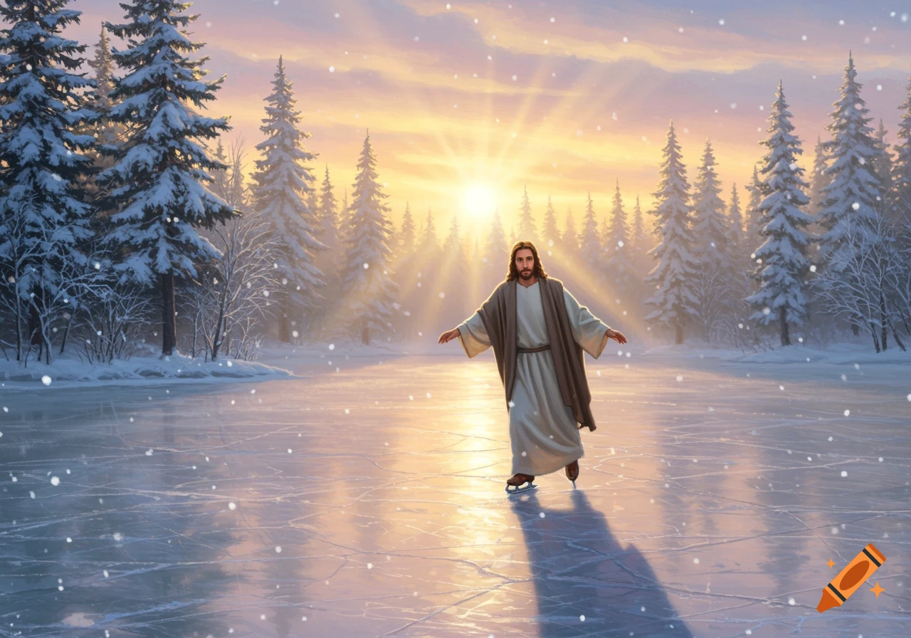 Jesus ice skating on a frozen lake at sunset in a snowy forest with falling snow.