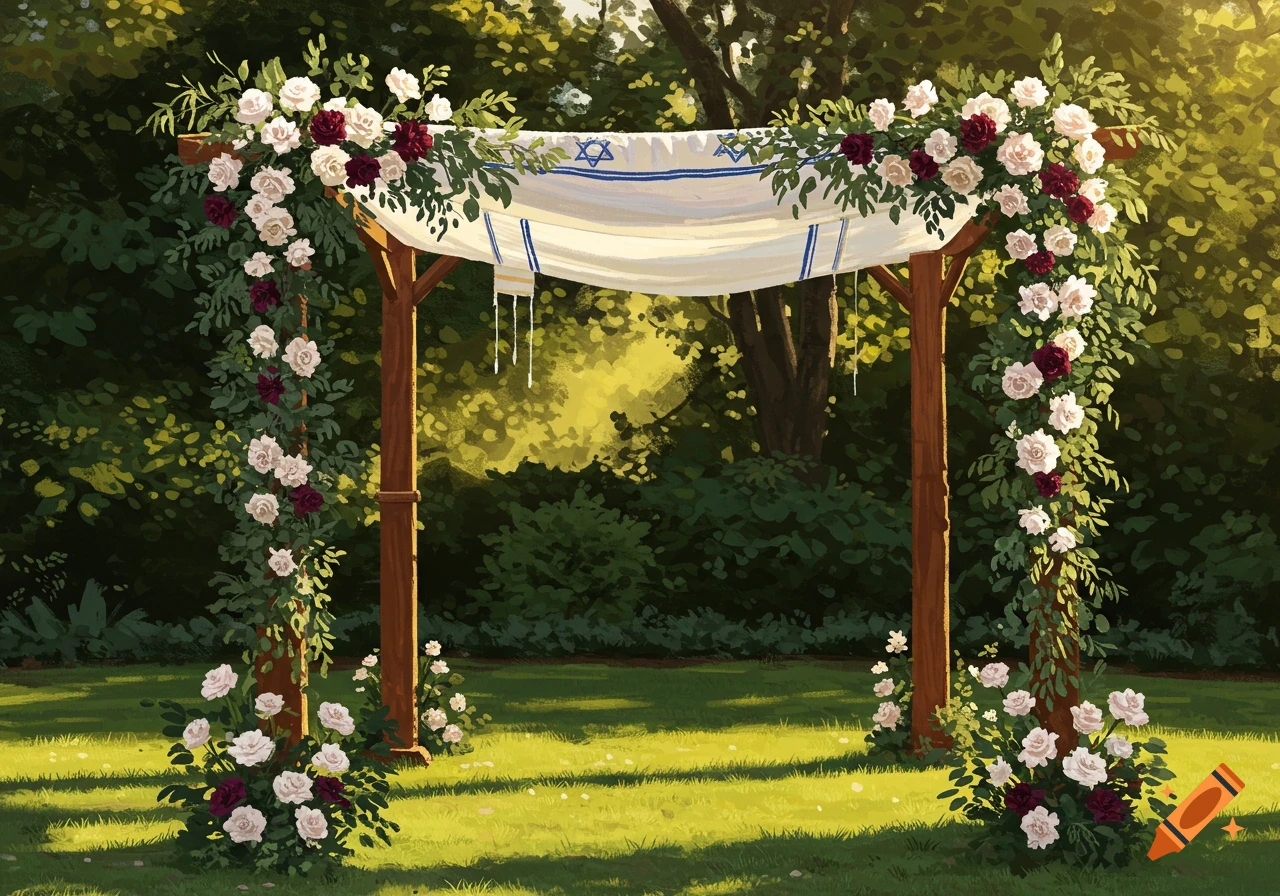 A beautifully decorated chuppah with white and burgundy roses and green foliage in a sunny garden setting.
